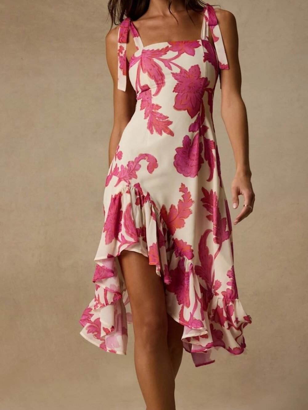 Lulus Tamryn Floral Asymmetrical Ruffle Midi Dress Ivory Pink Size L